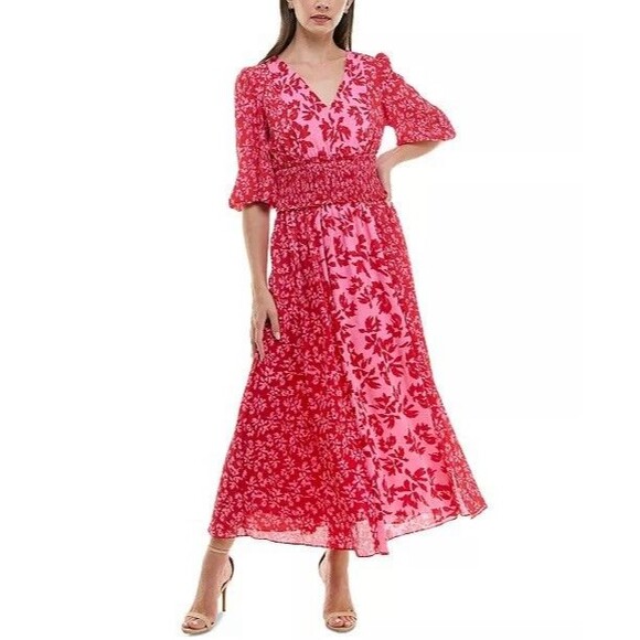 $139 Taylor Women's Pink Red Gown Slit Peasant  Chiffon‎ MIDI Floral Dress Sz 6 - Picture 1 of 5